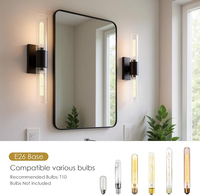 Wall Sconces Set of Two, Black Bathroom Sconces Wall Lighting with Clear Glass Modern Sconces Wall Light Set of 2 Bathroom Light Fixtures Vanity Light for Living Room Bedroom Washroom Hallway