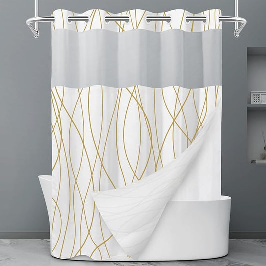 Gold White No Hook Shower Curtain with Liner, 71 x 77 Inch | Stripe Pattern,Waterproof,Quick Dry,Mesh Top Window,Bottom Magnets,Hotel Style,Machine Washable,Modern,for Bathroom