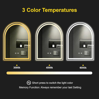 Arched LED Bathroom Mirror with Lights, 20" x 28" Lighted Vanity Mirror | Anti-Fog, Dimmable 3 Colors, Backlit + Frontlit, HD Shatterproof Tempered Glass, Memory Function