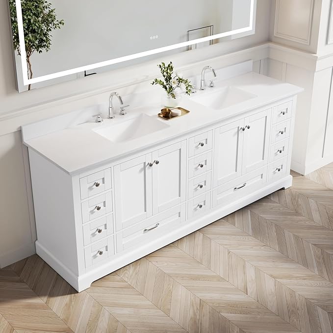 WELLFOR 84 Inch Bathroom Vanity with Double Sinks, Bathroom Freestanding Vanity W/4 Soft-Close Doors and 14 Drawers, Large Storage Space Vanity, Engineered Stone Countertop Vanities, White