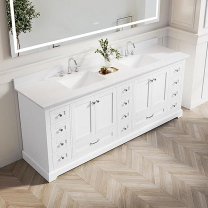 WELLFOR 84 Inch Bathroom Vanity with Double Sinks, Bathroom Freestanding Vanity W/4 Soft-Close Doors and 14 Drawers, Large Storage Space Vanity, Engineered Stone Countertop Vanities, White