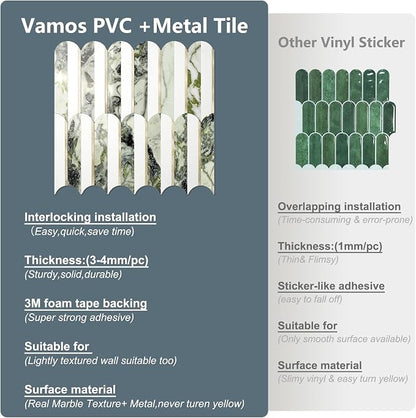 Vamos Tile Peel and Stick Backsplash Seamless Tile,Fish Scale,Glossy,10 pcs | Stick on Backsplash for Kitchen & Bathroom, White+Ice Green Marble+Light Gold PVC Self Adhesive Mosaic Tiles 11.9''x10.8''