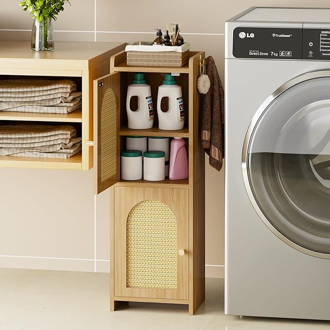 Rattan Bathroom Storage Cabinet,Corner Floor Cabinet with 2 Doors and Adjustable Shelf, Narrow Toilet Paper Cabinets with 2Hooks,Toilet Organizer for Small Spaces,7.87"D*9.84"W*29.72"H Oak