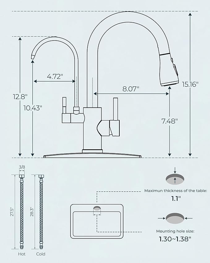 FORIOUS Black Kitchen Faucets with Water Filter, 2 in 1 Stainless Steel Pull Down Sink Faucet and Purified Water Faucet Rustic High Arc Single Handle with Detachable Deck for 1 or 3 Hole