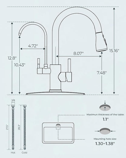 FORIOUS Black Kitchen Faucets with Water Filter, 2 in 1 Stainless Steel Pull Down Sink Faucet and Purified Water Faucet Rustic High Arc Single Handle with Detachable Deck for 1 or 3 Hole