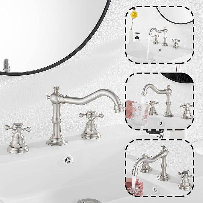 GGStudy Two Handles Three Holes Faucet 8-16 inch Widespread Bathroom Sink Faucet Brushed Nickel Basin Tap Mixer Faucet Matching Metal Pop Up Drain