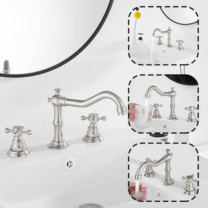 GGStudy Two Handles Three Holes Faucet 8-16 inch Widespread Bathroom Sink Faucet Brushed Nickel Basin Tap Mixer Faucet Matching Metal Pop Up Drain
