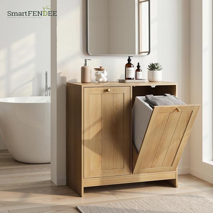 Smart FENDEE Double Tilt Out Laundry Hamper Cabinet, Small Hidden Trash Cabinets with 2 Baskets for Kitchen, Freestanding Bathroom Storage Cabinet Unit, Natural Oak