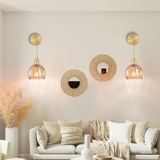 Battery Operated Wall Sconce CCT Dimmable Wireless Sconce, Vintage Light Fixture with Tulip Glass Lampshade Wall Decor for Living Room Bedroom Bedside 1PC Amber