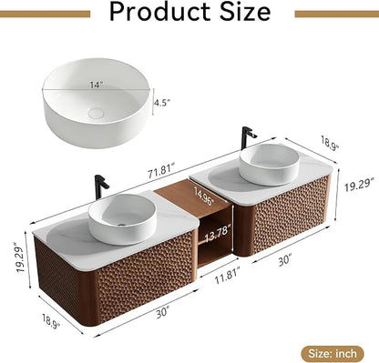 72 Inch Double Vanity with Sink Set, Floating Bathroom Sink Cabinet with Sintered Stone Top&Solid Wood Hammered Frame, Double Bathroom Vanities w/Soft-Close Drawers&1 Side Open Cube
