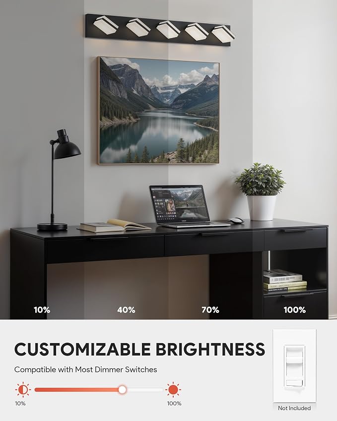 VONLUCE LED Modern Bathroom Vanity Light Fixture, Matte Black | 34'', 5-Light, 3CCT, 360° Rotate, High CRI, Flicker-free, Dimmable, Memory Function, Waterproof IP44, Easy Installation