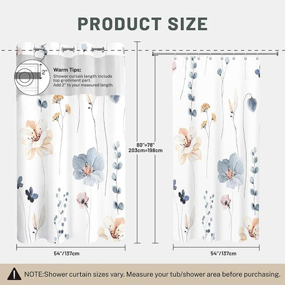 No Hook Floral Shower Curtain with Liner, Blue Beige, 54x80 | Snap in Liner, 3 in 1, Water Repellent, Easy Install, Machine Washable, Hotel Style for Bathroom, Watercolor Pattern