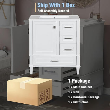 LUMISOL 30 Inch Bathroom Vanity with Sink, Wood Bathroom Storage Cabinet with Soft Closing Door and 3 Drawers, Freestanding Bathroom Vanities with Undermount Ceramic Sink, White