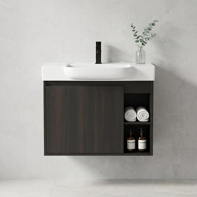 24" Bathroom Vanity with Sink, Wall-Mounted Cabinet, Dark Oak | Ceramic Sink, Soft-Close Door & 2 Open Storage Shelves, Modern Farmhouse Sink Cabinet, Easy to Clean for Small Bathroom
