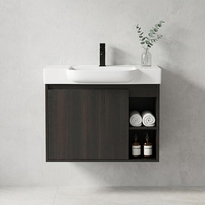 24" Bathroom Vanity with Sink, Wall-Mounted Cabinet, Dark Oak | Ceramic Sink, Soft-Close Door & 2 Open Storage Shelves, Modern Farmhouse Sink Cabinet, Easy to Clean for Small Bathroom