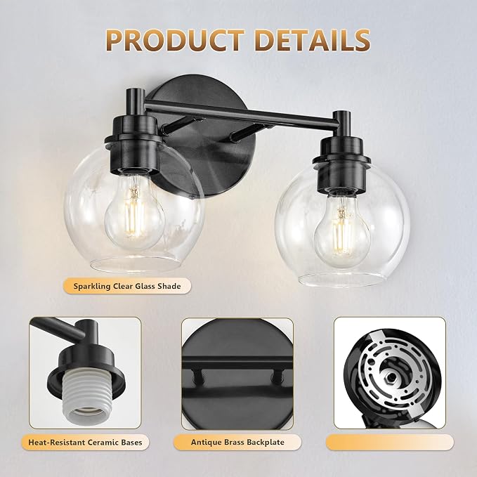 Bathroom Light Fixtures, Vanity Lights for Bathroom 2-Light Black, Bathroom Lighting Fixtures Over Mirror with Clear Glass Globe Shade, Bathroom Vanity Light for Living Room Kitchen Bedroom Hallway