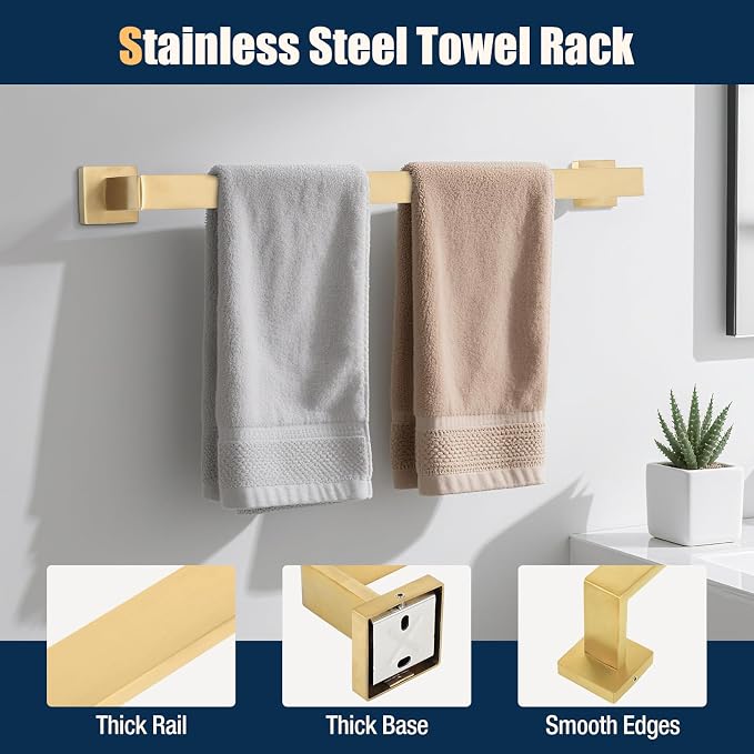10 Pcs Gold Bathroom Hardware Accessories Set 23.6 Inch Wall Mounted | Bath Towel Bar Kit with Square Towel Racks Ring and Towel Hooks, Paper Holder, 304 Stainless Steel