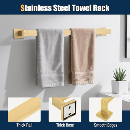 10 Pcs Gold Bathroom Hardware Accessories Set 23.6 Inch Wall Mounted | Bath Towel Bar Kit with Square Towel Racks Ring and Towel Hooks, Paper Holder, 304 Stainless Steel