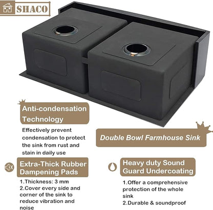 33 Inch Black Double Bowl Divided 50/50 Farmhouse Sink, 33x21 Gunmetal Black Stainless Steel Undermount Apron Front Farm Kitchen Sink