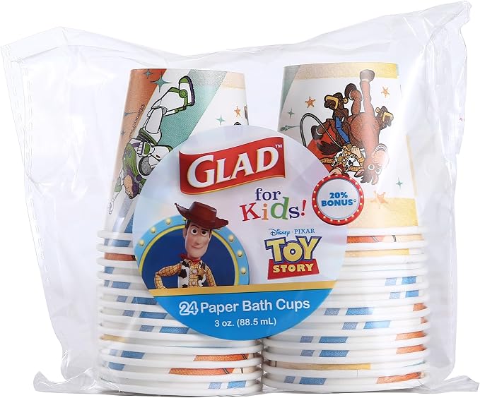 Glad for Kids Disney Pixar Toy Story Mini Paper Cups, 3 Oz, 24 Count | Soak-proof bathroom rinse cups sized for little hands; colorful Toy Story characters