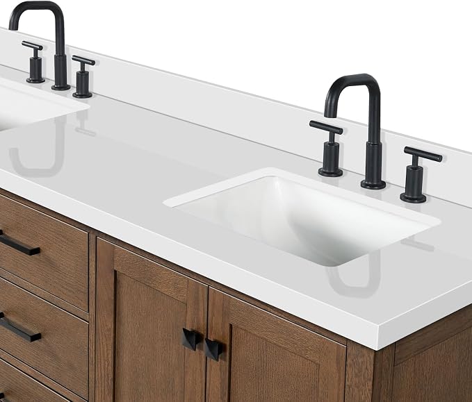 Beckford 66-Inch Brown Oak Double Bathroom Vanity with Sink, 1.5-Inch Edge Pure White Quartz Countertop & 4" Backsplash, Soft-Closing Doors & Drawers, Solid Oak Wood Construction
