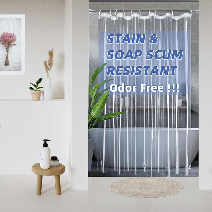 Clear Shower Curtain Liner with Magnets and Rustproof Grommets, Lightweight, Waterproof, Odor-Free, Suitable for Home, Hotel, Office etc. (54Wx72H)