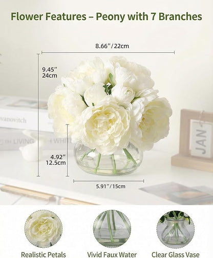 Garvee Artificial Peonies Flowers with Vase, Mixed White Silk Peony Bouquet with Faux Water in Glass Vase, Lifelike Fake Peonies Floral Arrangement for Table Centerpiece, Wedding, Party, Home Decor