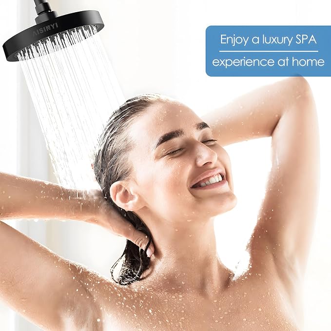 6" Rain Shower Head & 6" Shower Arm, Luxury Matte Black Finish | High Pressure 6 Inch Fixed Showerhead, Adjustable Replacement, 90 Nozzles, Removable Restrictor, Tool-Free Easy to Install