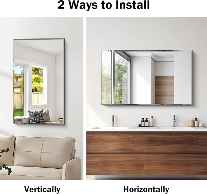 CILIBER Beveled Mirror, 24x40 Frameless Beveled Bathroom Mirrors for Wall, 3mm Tempered Glass Rectangle Vanity Mirror with Beveled Edge, Crystal-Clear, Hangs Horizontally or Vertically