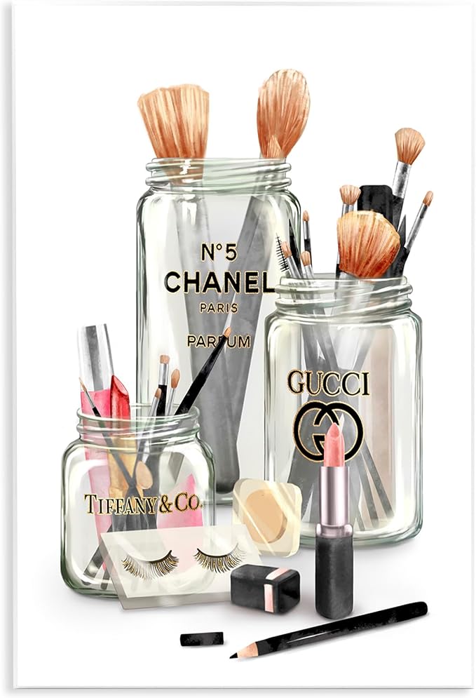 Glam Fashion Makeup in Jars, 13 x 19 Inch Mounted Print on Wall Plaque | Stupell Industries · By Ziwei Li · Ready to hang · Chic decor for bedroom · vanity · or dressing room · Made in USA