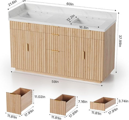 60 inch Double Sink Bathroom Vanity with Countertop,2 Rectangular Porcelain Sink, Solid Wood, 1.5 inch Carrara White Quartz, 4 Soft Closing Doors,3 Dovetail Drawers,2 Tilt Drawer