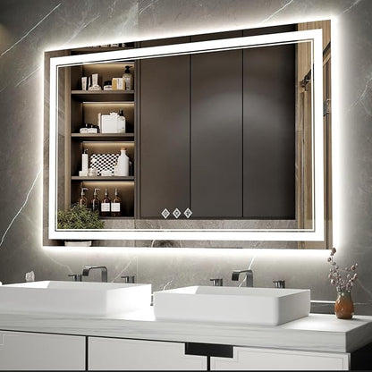 LED Bathroom Mirror, 48x32 Inch Gradient Front and Backlight Lighted Vanity Mirror, 3 Colors Dimmable CRI>90 Double Lights, IP54 Enhanced Anti-Fog, Hanging Plate Wall Mount LED Light Mirror