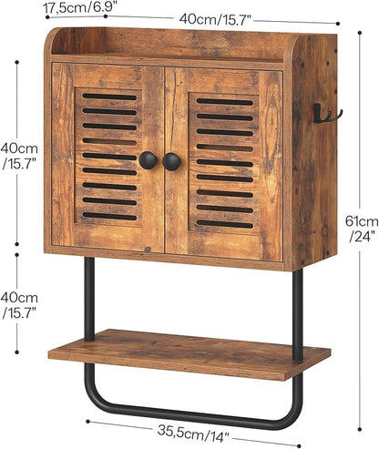 HOOBRO Bathroom Wall Cabinet, Double Doors Medicine Cabinet with Towel Bar, Adjustable Shelf, 2 Hooks, Over The Toilet Storage Cabinet, for Bedroom, Kitchen, Rustic Brown BF46CW01