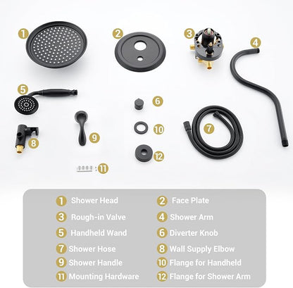 DASAN Rain Shower System Antique Shower Faucet Complete Sets, Shower Fixtures Combo with Pressure Balance Valve, Trim Kit, 9’’ Rainfall Overhead Shower & Handheld, Color Matte Black AT209W-MB
