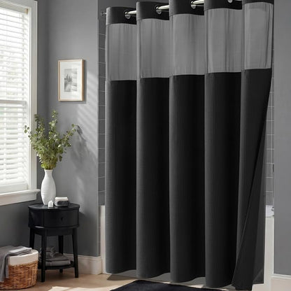 Black Hook Free Waffle Shower Curtain & Snap-in Fabric Liner,48x75 | Less Time to install, 3 in 1 Fabric Shower Curtain and Liner Set with Magnets, Stall, Shower Curtains for Bathroom