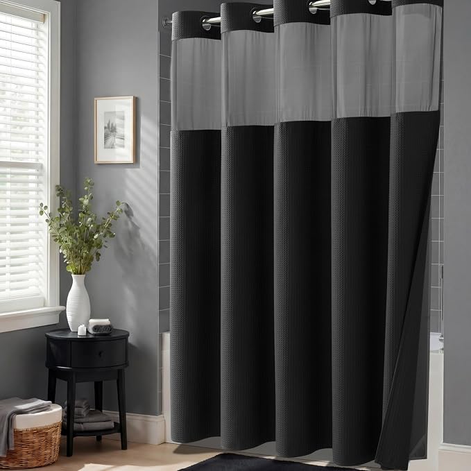 Black Hook Free Waffle Shower Curtain & Snap-in Fabric Liner,54x81 | Less Time to install, 3 in 1 Fabric Shower Curtain and Liner Set with Magnets, Stall, Long, Shower Curtains for Bathroom