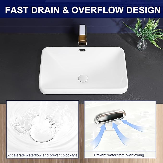 Vessel Sink 23"x16" Semi Recessed Bathroom Sink Drop-in White Bathroom Sink Porcelain Ceramic Modern Rectangular Sinks Drop-in Vanity Sinks with Overflow for Bathrooms