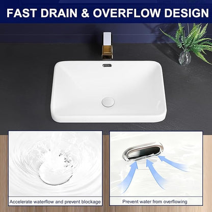 Vessel Sink 23"x16" Semi Recessed Bathroom Sink Drop-in White Bathroom Sink Porcelain Ceramic Modern Rectangular Sinks Drop-in Vanity Sinks with Overflow for Bathrooms