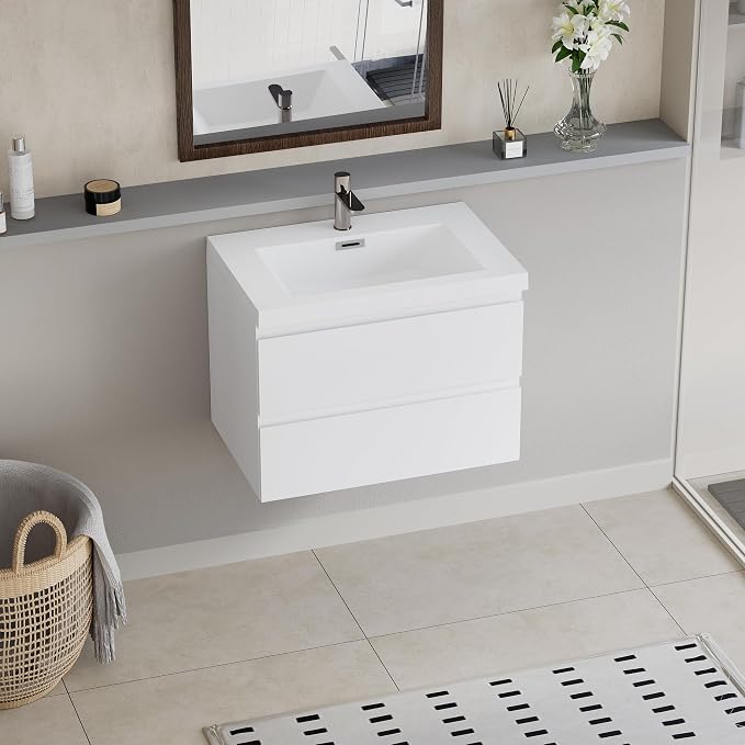 KEIKI 30'' Wall-Mounted Bathroom Vanity with Sink - Floating Design, 2 Soft-Close Drawers & Resin Basin, Space-Saving for Small Bathrooms, Glossy White