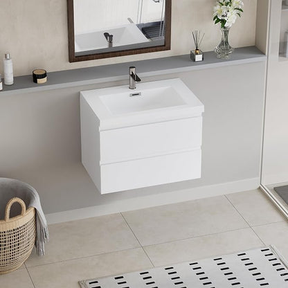 KEIKI 30'' Wall-Mounted Bathroom Vanity with Sink - Floating Design, 2 Soft-Close Drawers & Resin Basin, Space-Saving for Small Bathrooms, Glossy White