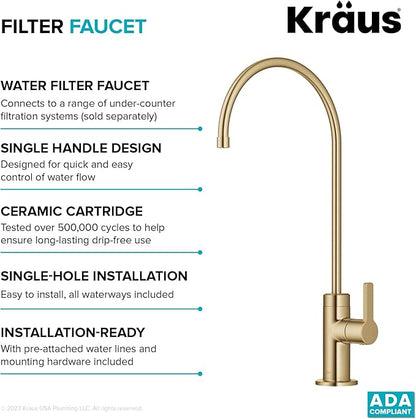 KRAUS Oletto Single Handle Drinking Water Filter Faucet for Reverse Osmosis or Water Filtration System in Brushed Brass, FF-103BB