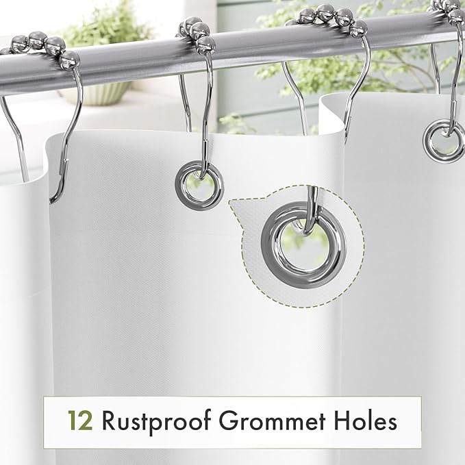 White Shower Curtain Liner 72x74 Inches, Fabric Shower Liner Cloth with Weighted Stones, Washable Shower Curtain and Liner 2-in-1, 120G Heavy Duty, 12 Grommet Holes