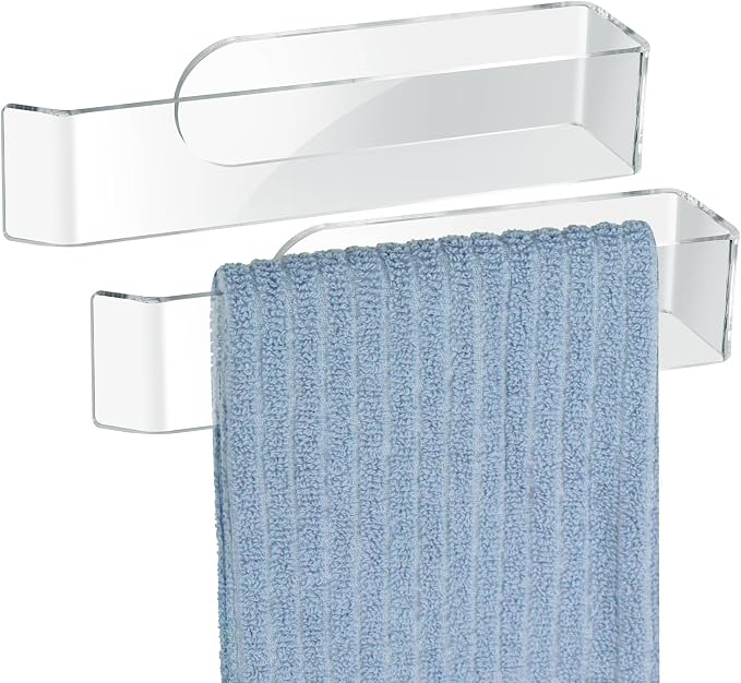 NiHome Clear Acrylic Hand Towel Rack 2-Pack, Adhesive Wall Bar, Waterproof | No Drill Install, Rustproof U-Shape Design For Bathroom Kitchen Bedroom Cabinet RV, Stick On Mount