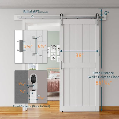 38''x84'' Sliding Barn Door with 6.6 Ft Brushed Nickel Hardware | Pre-Drilled Holes Easy Assembly - Include Installation Manual, Water-Proof PVC Surface, H-Frame, White