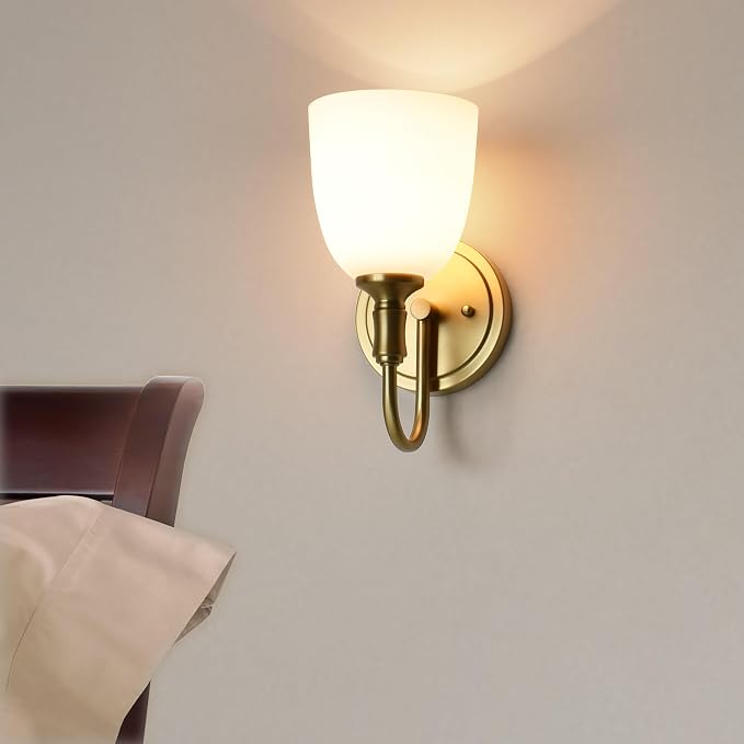 Gold Vintage Traditional 1-Light Indoor Wall Sconce with Frosted Glass Bathroom Bedroom Hallway, 10.6" H x 5.3" W, Aged Brass