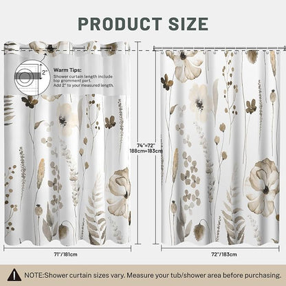 No Hook Floral Shower Curtain with Liner, Beige, 71x74 | Snap in Liner, 3 in 1, Water Repellent, Easy Install, Machine Washable, Hotel Style for Bathroom, Watercolor Pattern