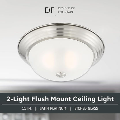 DESIGNERS FOUNTAIN Reedley 2-Lights Flush Mount Ceiling Light, 11 Inch Lighting Fixture for Kitchen, Bedroom, Bathroom, and Hallway, Satin Platinum with Etched Glass, 1257S-SP-W