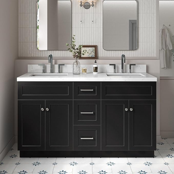 ARIEL Hamlet 60-inch Bathroom Vanity with Sink,Solid Wood, 1.5-inch Carrara White Quartz Countertop & Backsplash, Double Rectangular Porcelain Sink, 4 Soft Closing Doors, 3 Dovetail Drawers, Black