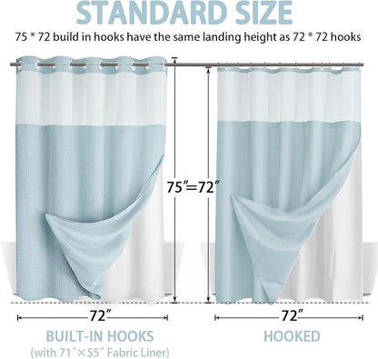 Aqua No Hook Shower Curtain and Liner Set,Hotel Waffle Shower Curtain with Liner 75" L x 72" W