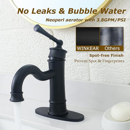 Roman Bathroom Sink Faucet Matte Black Single Hole Deck-Mount Pop-up Drain Assembly with Overflow Deck Plate and Water Supply Lines Included